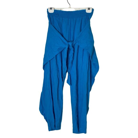 Free People Women’s S Blue Tie Front Harem Pants Smocked Waist Boho Festival - Picture 1 of 8